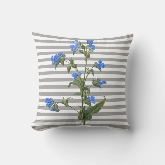 ストライプ灰色の青い花の両面の枕 クッション (正面)