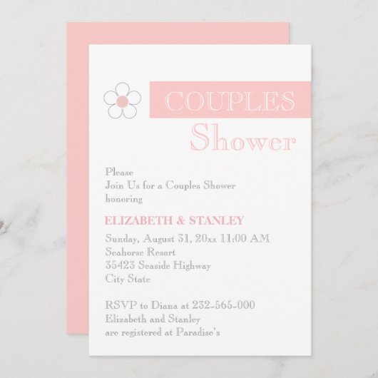 ストライプ花とピンクのグレーのカップルのシャワー 招待状 (正面/裏面)