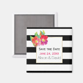 ストライプ花の結婚式の日付を保存 マグネット (正面/裏面)