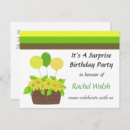 ストライプ花サプライズパーティの招待状 招待状 (正面/裏面)