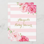 ストライプ赤面ピンクの水の色の花ベビーシャワー 招待状 (正面/裏面)