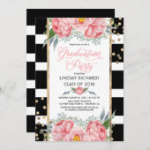 ストライプ金ゴールド・ピンクの花花卒業式パーティー 招待状 (正面/裏面)