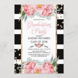 ストライプ金ゴールド・ピンクの花花卒業式パーティー 招待状