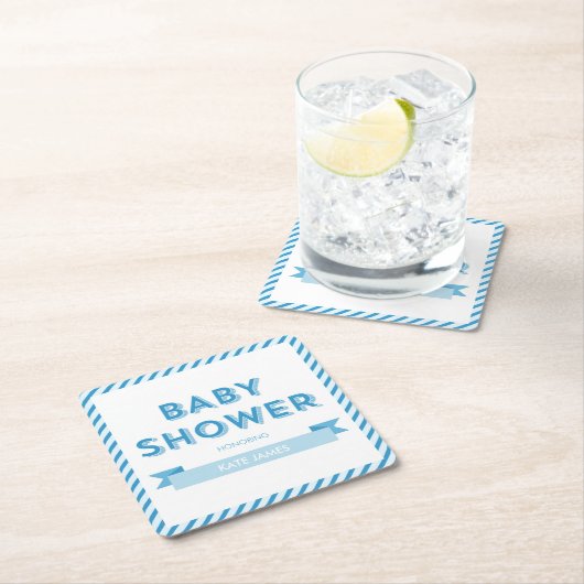 ストライプ青モダン赤ちゃんシャワー スクエアペーパーコースター (インサイチュ)