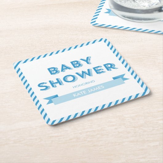 ストライプ青モダン赤ちゃんシャワー スクエアペーパーコースター (アングル)