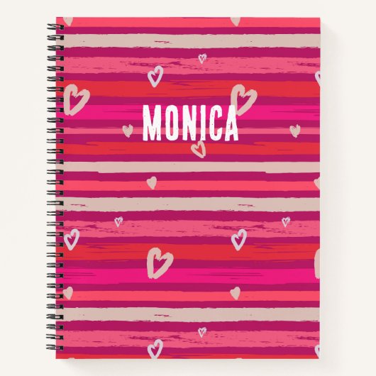 ストライプ ピンク 白 ハート オーダーメイド ノートブック (正面)
