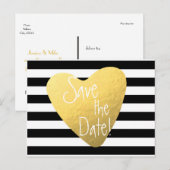 ストライプ ブラック ホワイト ゴールド フォイル ハート ポストカード (正面/裏面)