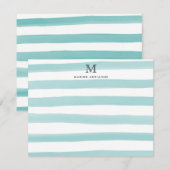 ストライプ モノグラム ティールグリーン ウォーターカラー モダン シック ノートカード (正面/裏面)
