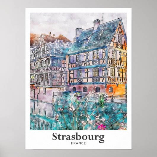 ストラスブールフランス旅行水彩手描き ポスター (正面)