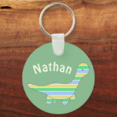 ストリピー恐竜の緑パーソナライズされた キーホルダー (正面)