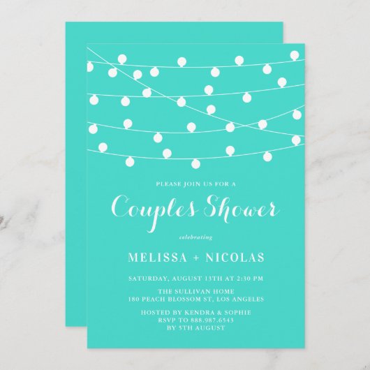 ストリングラお洒落イトターコイズカップルのシャワー 招待状 (正面/裏面)