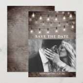 ストリングライツインダストリアルブリックビンテージ結婚式 セーブザデート (正面/裏面)