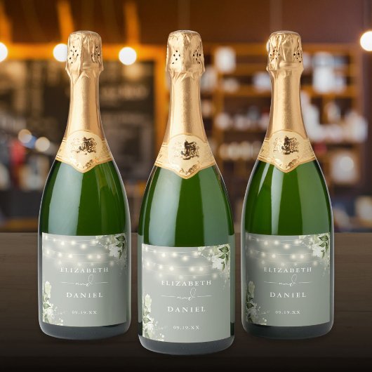 ストリングライツセージ緑のフローラ結婚緑 スパークリングワインラベル