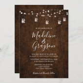 ストリングライツメイスンジャース素朴ウッド結婚ズ 招待状 (正面/裏面)