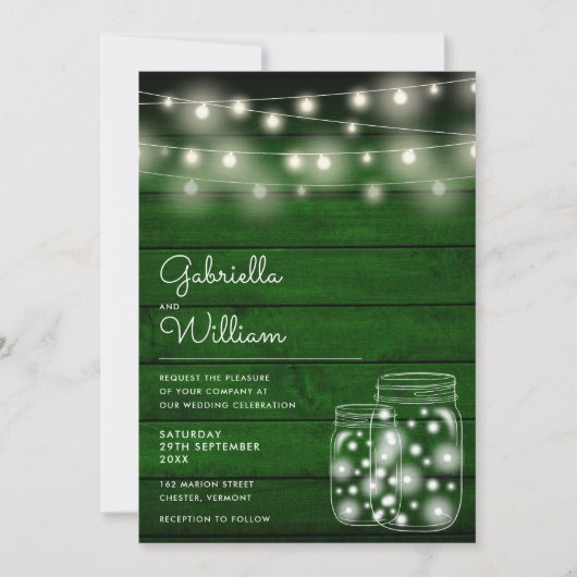 ストリングライツメイスンジャース素朴グリーンウッド結婚ズ 招待状 (正面)