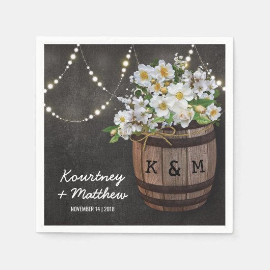 ストリングライツ素朴ビネヤードホワイトフローラ結婚ズ スタンダードカクテルナプキン (正面)