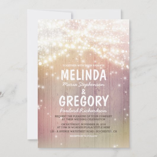 ストリングライトとバ素朴ンウッド結婚ズ 招待状 (正面)