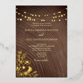 ストリングライトとバ結婚ンウッドの金ゴールド 箔招待状 (正面)