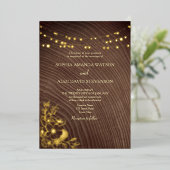 ストリングライトとバ結婚ンウッドの金ゴールド 箔招待状 (立ち正面)