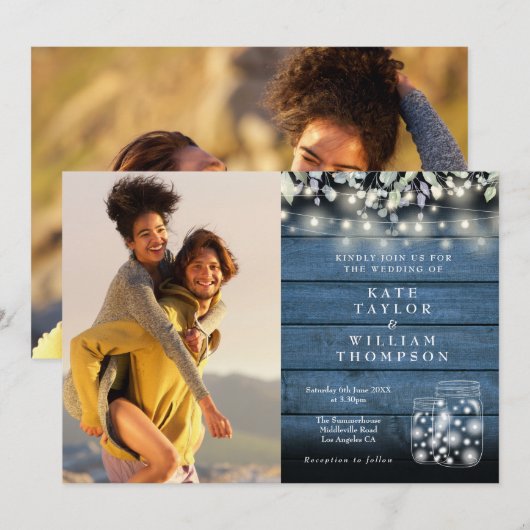 ストリングライトとルーストジャーのグリーン2枚組 ウェディング 招待状 (正面/裏面)