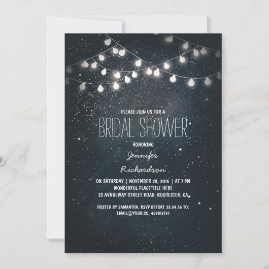ストリングライトと夜空の星ブライダルシャワー 招待状 (正面)
