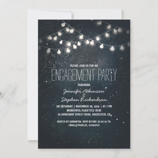 ストリングライトと夜空の星婚約パーティ 招待状 (正面)