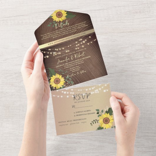 ストリングライトと素朴ひまわり結婚の オールインワン招待状 (貼ってはがせる)