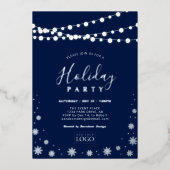 ストリングライトと雪 | 会社ロゴホリデーパーティー 箔招待状 (正面)