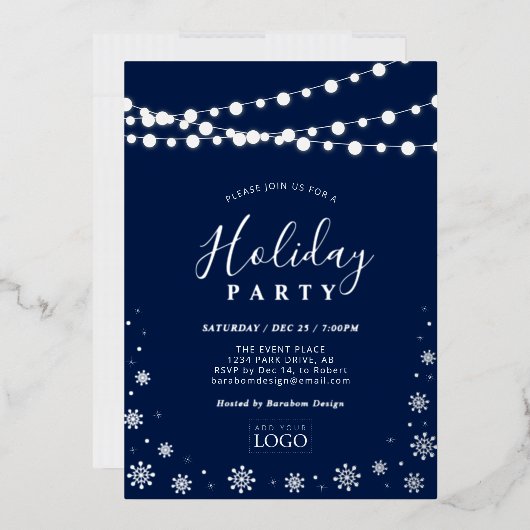 ストリングライトと雪 | 会社ロゴホリデーパーティー 箔招待状 (封筒)