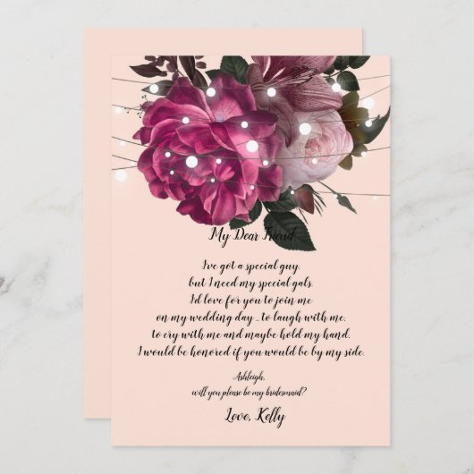 ストリングライトのバーガンディが私の花嫁のメイドになる 招待状 (正面/裏面)