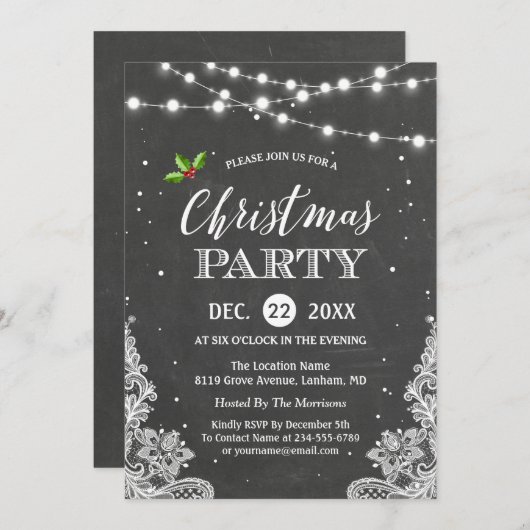 ストリングライトのレースチョークボードクリスマスパーティー 招待状 (正面/裏面)