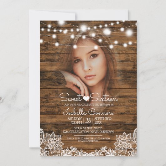 ストリングライトの木とレースのスイート16パーティー 招待状 (正面)