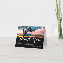 ストリングライトの木と夕焼けのウェディングサンキューカード サンキューカード