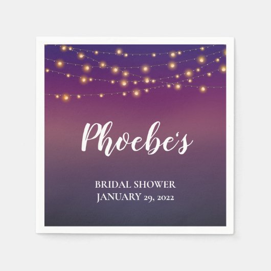 ストリングライトはっきりしたオン紫ブライダルシャワー スタンダードカクテルナプキン (正面)
