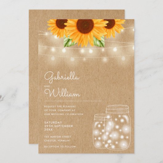 ストリングライトひまわりメイソンジャー ラスティックウェディング 招待状 (正面/裏面)