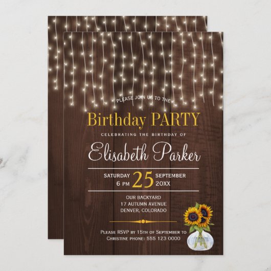 ストリングライトひまわり素朴な誕生日パーティー 招待状 (正面/裏面)