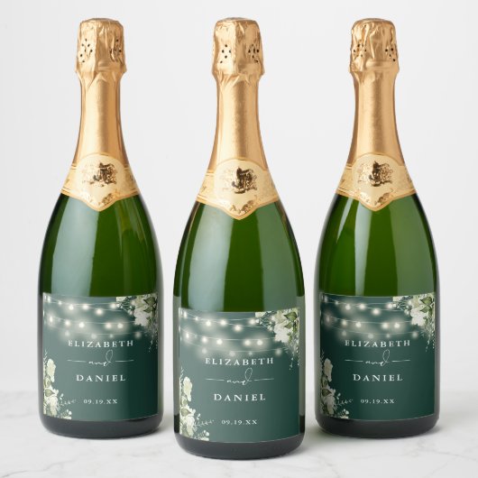 ストリングライトエメラルドグリーン結婚フローラ スパークリングワインラベル (ボトル)