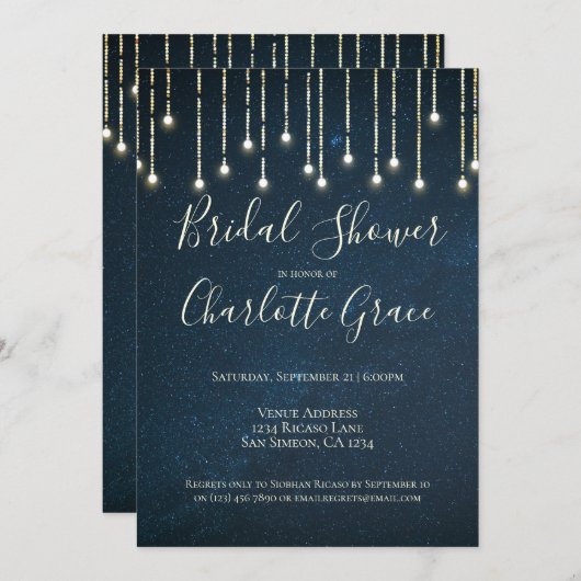 ストリングライトオンスターリースカイブライダルシャワー 招待状 (正面/裏面)