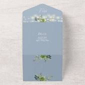 ストリングライトグリーンQRコードダスティブルー結婚ズ オールインワン招待状 (外側)