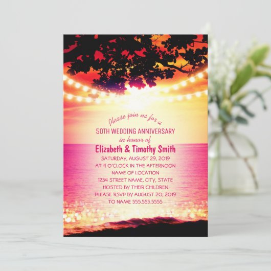 ストリングライトサンセットビーチウェディングアニバーサリー 招待状 (スタンド正面)