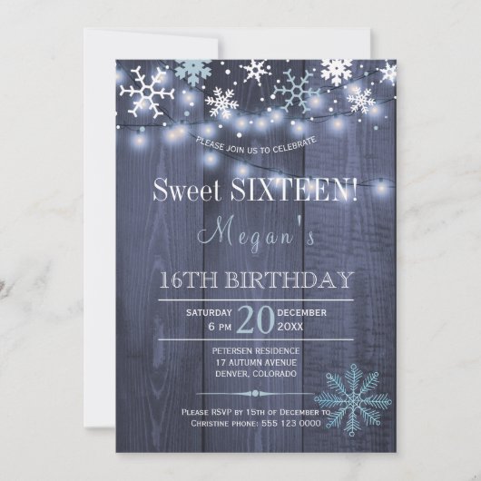 ストリングライトスノーフレークシックな冬のsweet sixteen 招待状 (正面)