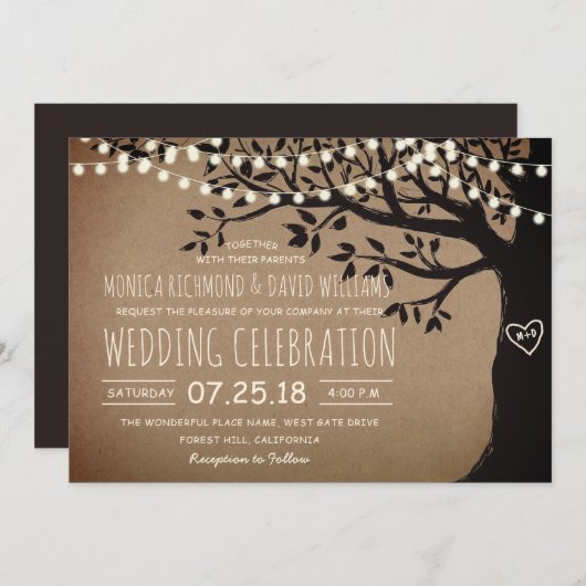 ストリングライトツリーカントリー素朴ヴィンテージ結婚式 招待状 (正面/裏面)
