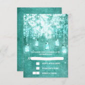 ストリングライトティール（緑がかった色）メーソンジャースウェディングRSVPカード 出欠カード (正面/裏面)