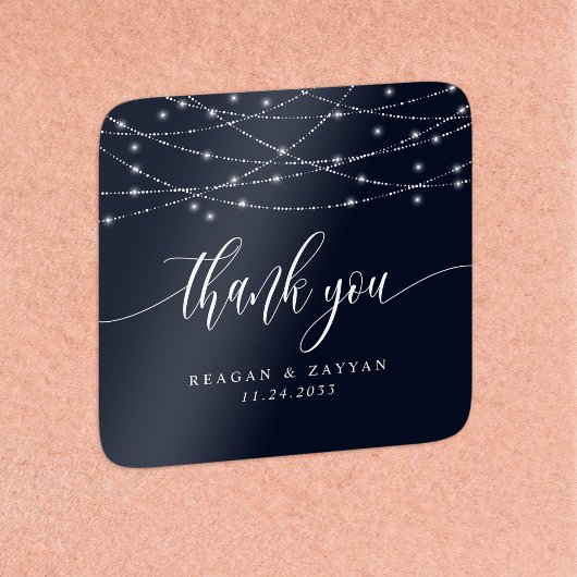 ストリングライトネイビーブルーエレガントな結婚式ありがとう スクエアシール