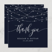 ストリングライトネイビーブルーエレガントな結婚式 サンキューカード (正面/裏面)