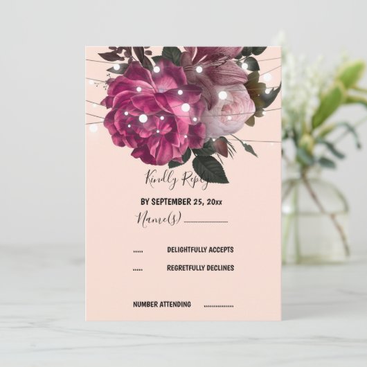 ストリングライトバーガンディーフラワーRSVP招待状 招待状 (スタンド正面)