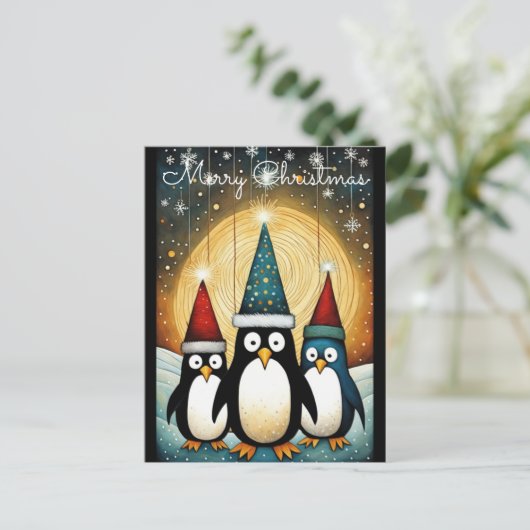 ストリングライトフルムーンサンタペンギンクリスマス シーズンポストカード (スタンド正面)