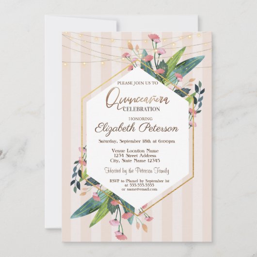 ストリングライトフローラストライプのキンセニェラ 招待状 (正面)