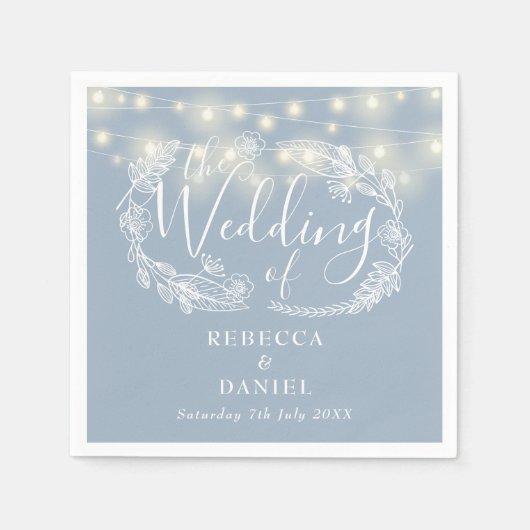 ストリングライトフローラダスティブルー結婚ズ スタンダードカクテルナプキン (正面)