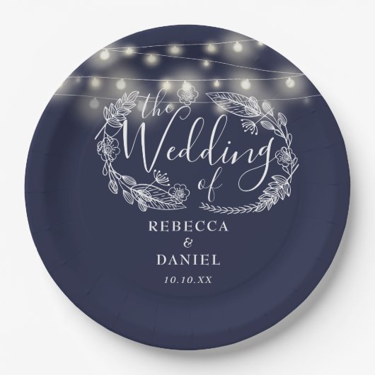 ストリングライトフローラネイビー結婚ブルー ペーパープレート (正面)